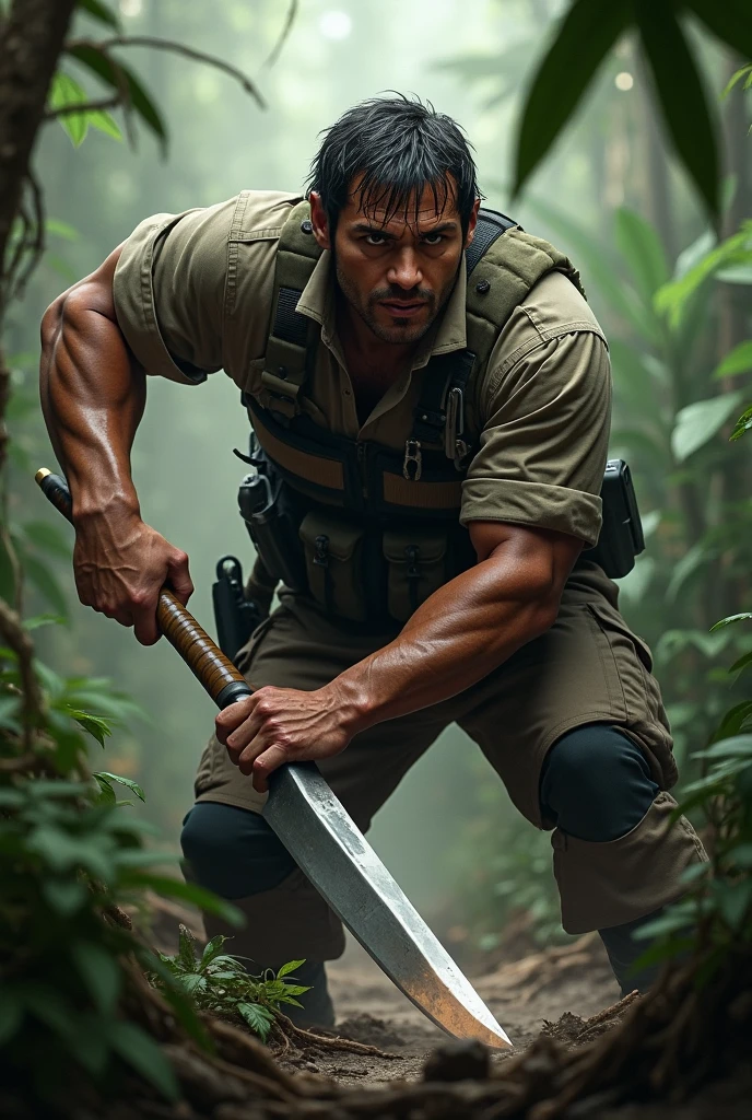 a woodcutter with his big Axe in a jungle