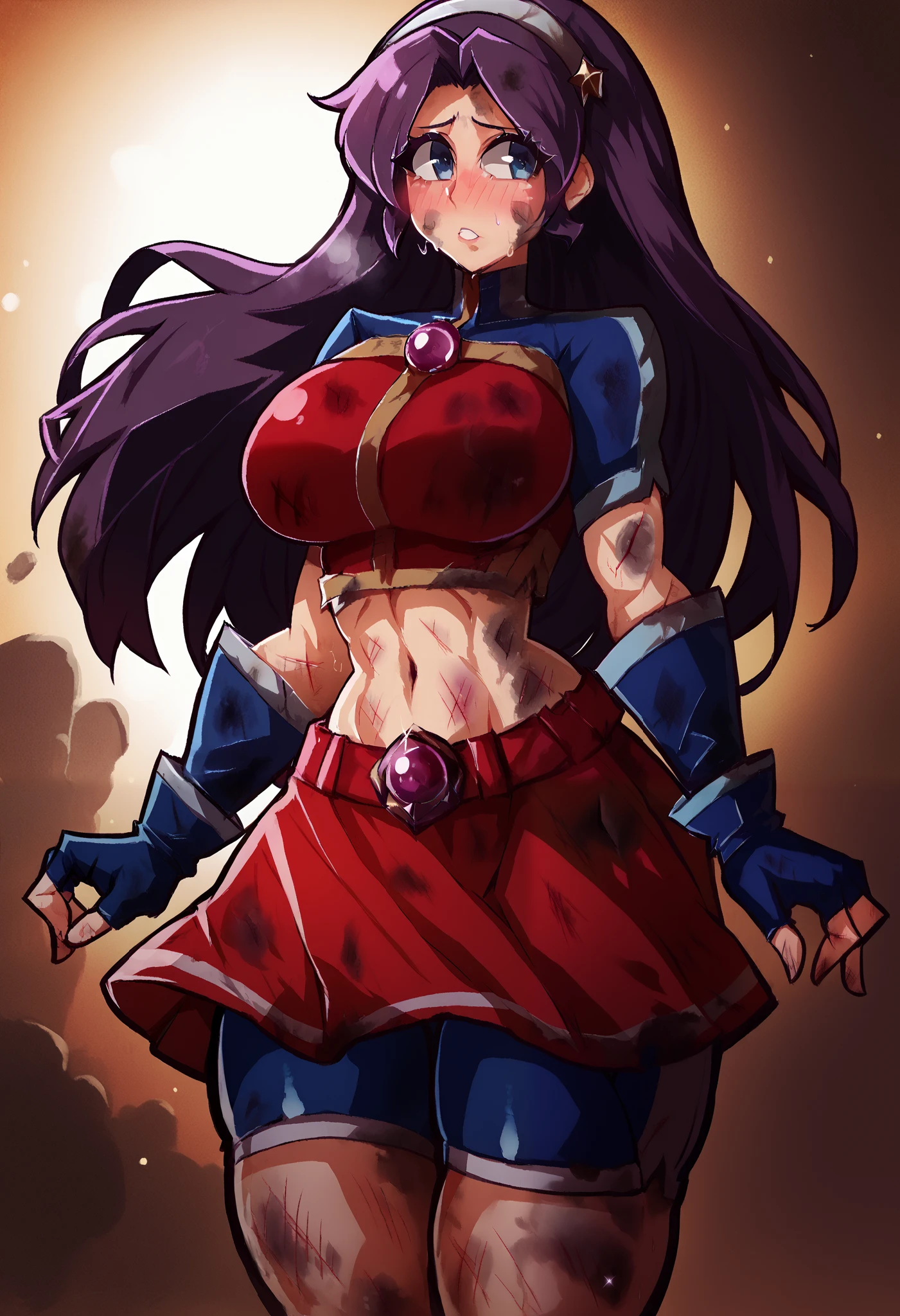 ATHKOF2002, purple hair, long hair, ko, knocked out, white hairband, blue sleeves, pearl (gemstone), short sleeves, red top, fingerless gloves, navel, biker shorts,  blush, solo,skin tight clothes, shiny skin, midriff,thick thighs, shiny clothes, weak standing pose, defeated,big breasts,red skirt, sweating, crotch focus, dirty, hands between thighs, injury,dbp