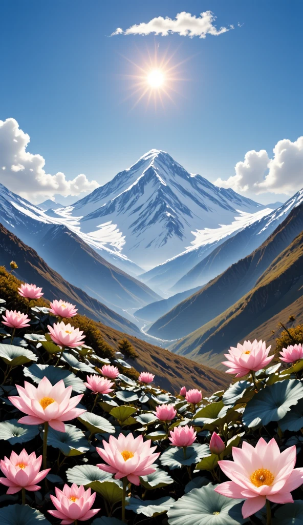 The majestic Tianshan Mountain , snow lotuses bloom like a wonderland , golden phoenix wants to fly , against the backdrop of snowy mountains, making it even more sacred, blue sky and white clouds intertwine , reveals fantasy in serenity , oil painting style ,Genres , long-range perspective , top light irradiates , interlaced light and shadow ,Ultimate image quality, with 8K resolution 。