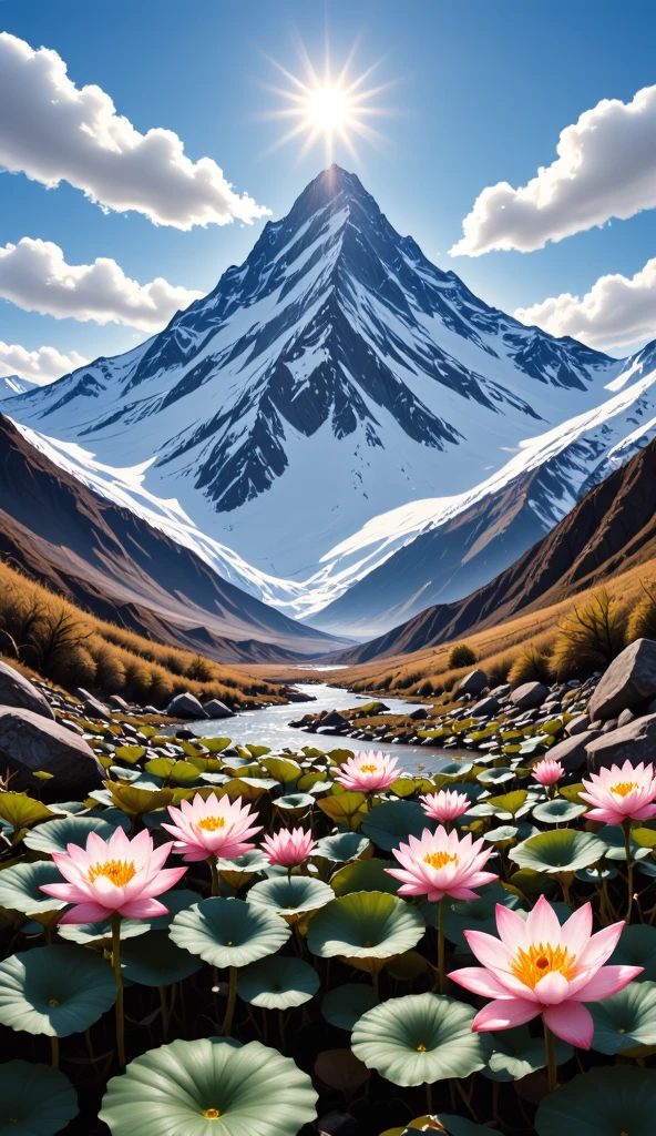 The majestic Tianshan Mountain , snow lotuses bloom like a wonderland , golden phoenix wants to fly , against the backdrop of snowy mountains, making it even more sacred, blue sky and white clouds intertwine , reveals fantasy in serenity , oil painting style ,Genres , long-range perspective , top light irradiates , interlaced light and shadow ,Ultimate image quality, with 8K resolution 。