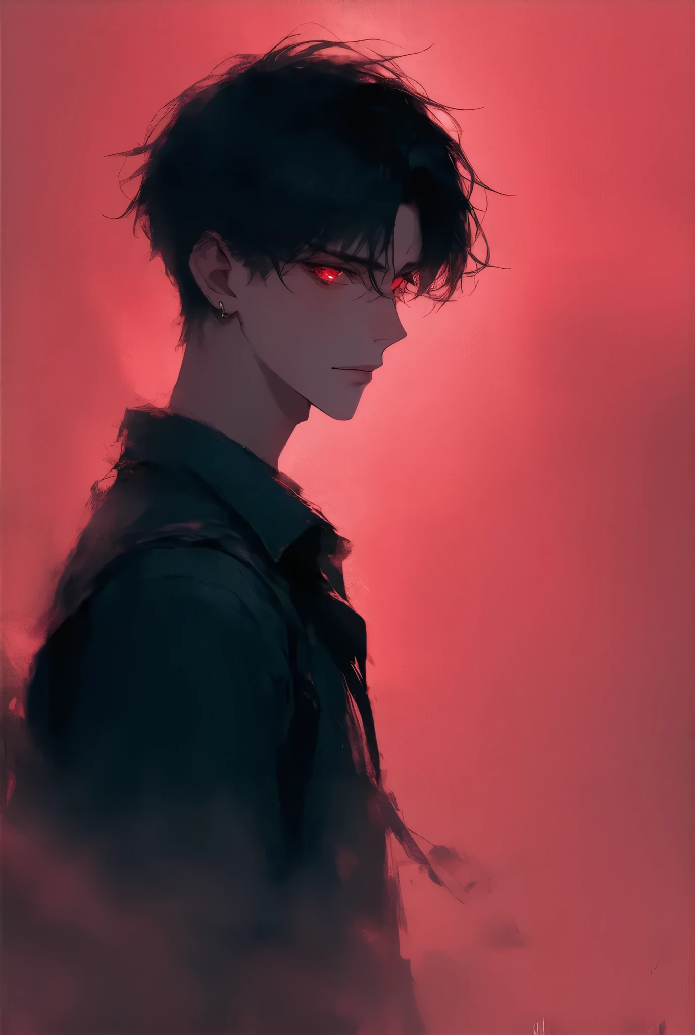  A male high school student wearing a school ， Black Short Hair ，The pupils of the eyes have a rosy red light，Staring ahead， Tense atmosphere ，Surrounded by fog， rose-red glow from the background ，Animation style scene, dark atmospheric illustration, background , quiet night. Digital Illustration, Dark Night Environment, Concept Art stunning atmosphere,  dark high-contrast Concept art , Dramatic lighting . Concept art