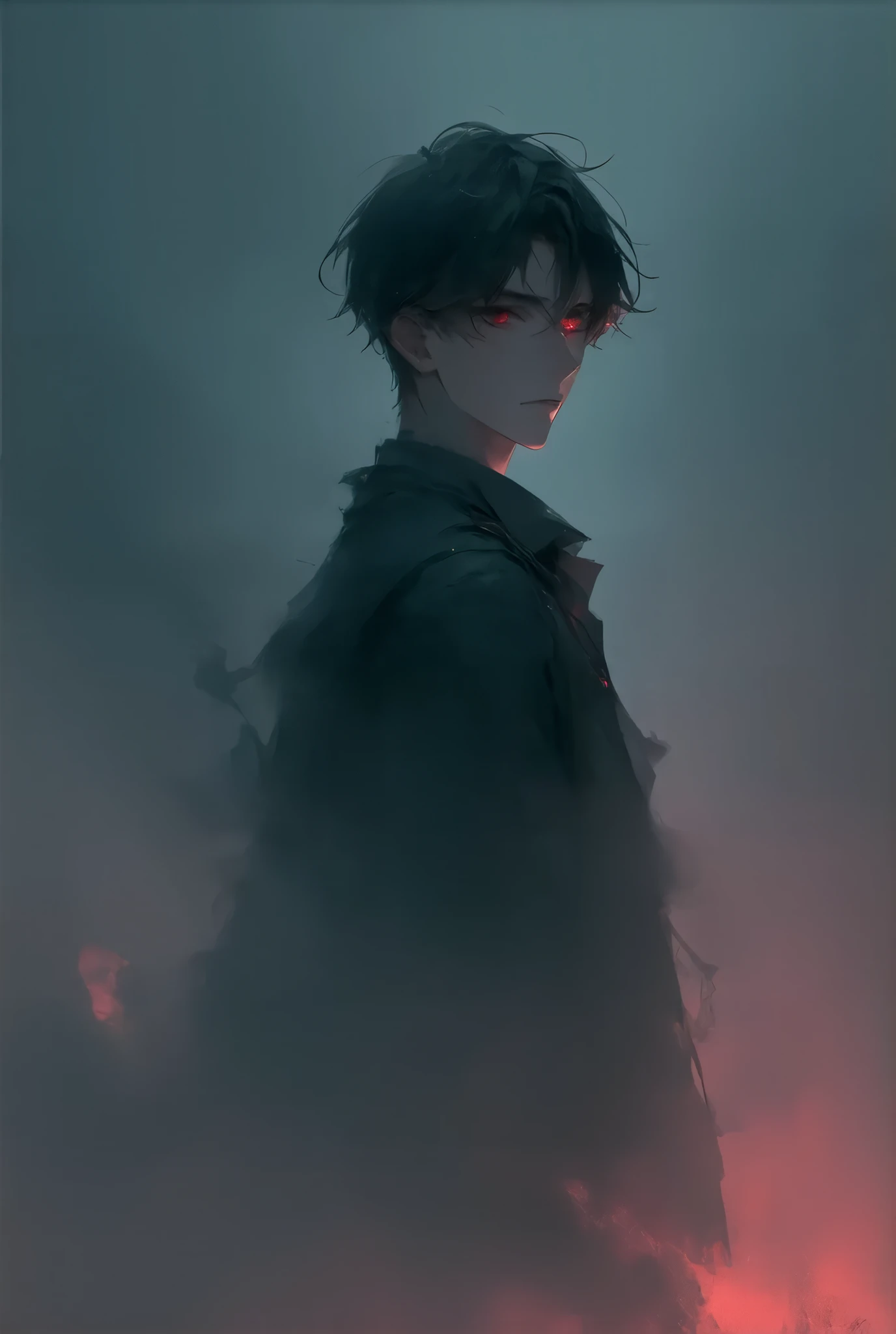  A male high school student wearing a school ， Black Short Hair ，The pupils of the eyes have a rosy red light，Staring ahead， Tense atmosphere ，Surrounded by fog， rose-red glow from the background ，Animation style scene, dark atmospheric illustration, background , quiet night. Digital Illustration, Dark Night Environment, Concept Art stunning atmosphere,  dark high-contrast Concept art , Dramatic lighting . Concept art