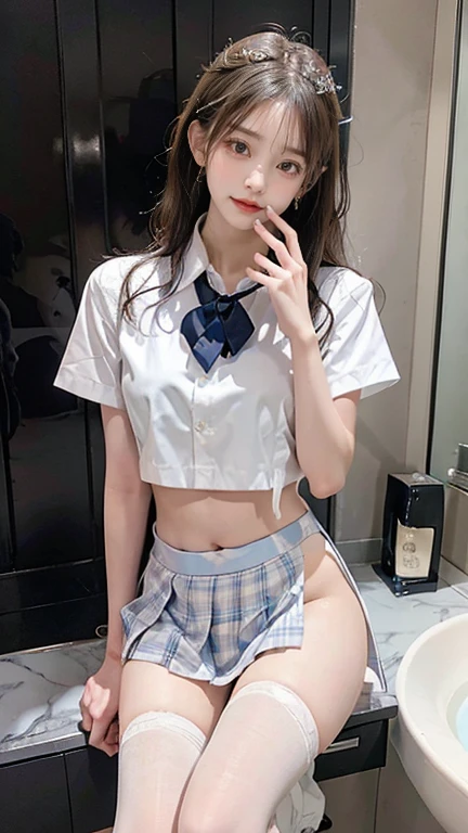 1 girl, schoolgirl, typically Japanese schoolgirl, white blouse, micro skirt, micro pleated skirt, black loafers, black thigh_high socks, no panties, pubic hair exposed. Squating on the street, leg wide open, legs spread wide, masturbation, pubic, big areola, big breast