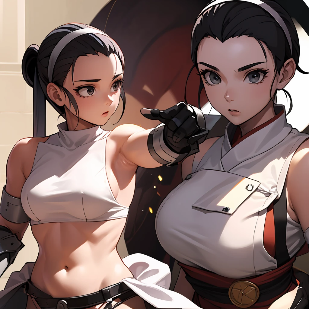  in detail、 Masterpiece、Trending on pixiv、 1 woman 、 Warring States period、Age 30、 Japanese women、Warrior、Fighting Women、 huge breasts、( black hairロングヘア:1.5)、(bangs)、( white muffler:1.5)、Black Bikini Armor、( white hair band:1.7),Chest Armor、belly button、( black miniskirt)、Pauldrons、Hand guard、 Black Gloves 、White Belt、(( black hair:2.0))、(White headband:1.5)、Thighs、Shin guards、(view all:1.5)、A dignified woman、Gao Jie、