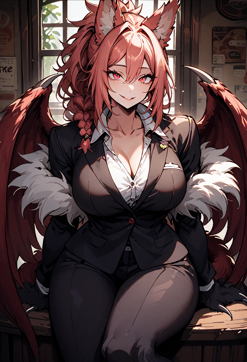 solo, female, huge female, 7 foot tall, wide smile, friendly, wide open eyes, red eyes, light red hair, long straight hair, side-tail, ManticoreMGE, monster girl, prehensile tail, animal ears, single braid, neat black suit, broad shoulders, muscular, slightly bulky body, open collar, cafe, sitting, fur, wings, claws, very large breasts, looking at viewer, close-up, upper body, sunny, indoors, white button shirt, extremely tall