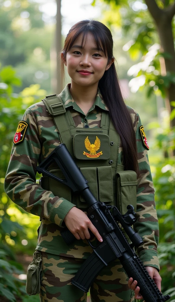 Highest quality, masterpiece, 16K, (raw photography, photorealistic, ultra-detailed, ultra-high resolution:1.3), cinematic lighting, professional photo, (correct anatomy, perfect body, correct body proportion:1.5), sharp ficus, depth of field, (intricately detailed face, ultra-realistic skin texture:1.1), (from front:1.4), 1 girl, Japanese woman, solo, cowboy shot, looking at viewer, ((female warlord:1.4)), black hair, shoulder-length hair, ((ponytail:1.1)), glossy hair, ultra-detailed eyes, red iris, bright eyes, highly detailed nose and lips, beautiful nose, glossy lips, (expressive face:1.4), ((evil smile:1.2)), (camouflaged uniform:1.5), ((slender, medium breast:1.3)), ((perfect body proportion:1.4)), ((holding 1 pistol in right hand:1.2)), standing, outdoor, countryside, tanks are in background, accompanied with her own army