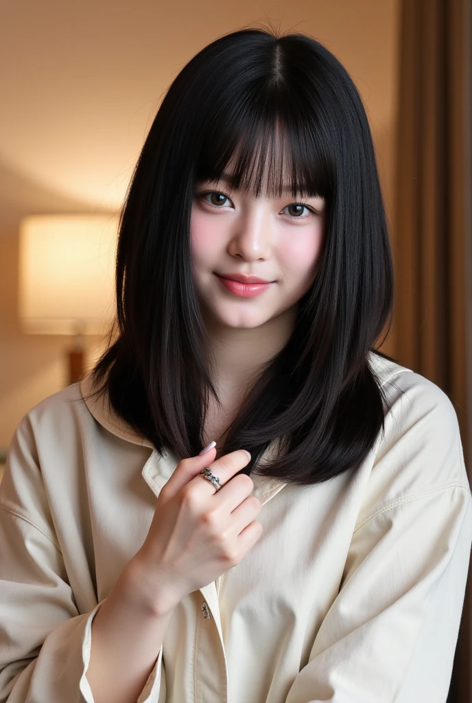 20-year-old female K-pop idol with a slight smile、Black hair straight with bangs、Relax in loungewear、Take a peek here 