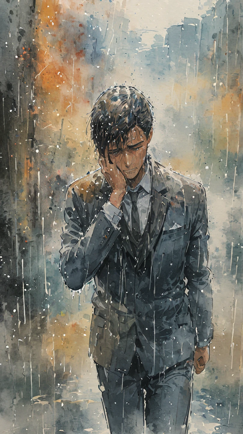 watercolor painting of a man in suit in the rain. full body shot of the man who is soaked under the rain. he tilts his head up to face the rain, the rainwater flows down his face. he is walking in the street, holding his hands out to feel the rain. watercolor brushes stroke painting style. the sky is dark.