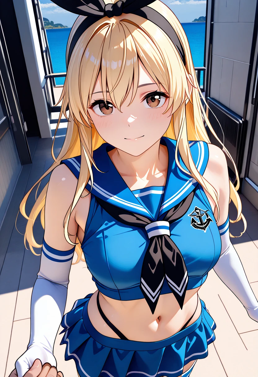  Super Realistic Pictures , RAW photos  , realism, 3d rendering ,Unity Engine),break 1girl, Alone, Island Breeze、 brown eyes、Blonde、 long hair、 headband、 black ribbon,  blue sailor suit、 sleeveless shirt that grabs a girl's waist、 crop top、 white gloves、 elbow gloves、 black neckerchief holding hands、 miniskirt、 high leg panties 、 striped knee socks、Grey shoes、anchor,((upper body))break (from front, look at viewer, face-focus)