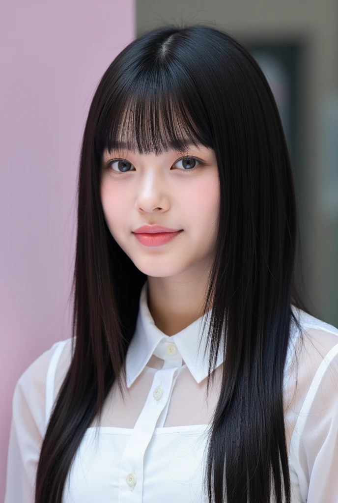 20-year-old female K-pop idol with a slight smile、Black hair straight with bangs、Tilt your body slightly and face this way、