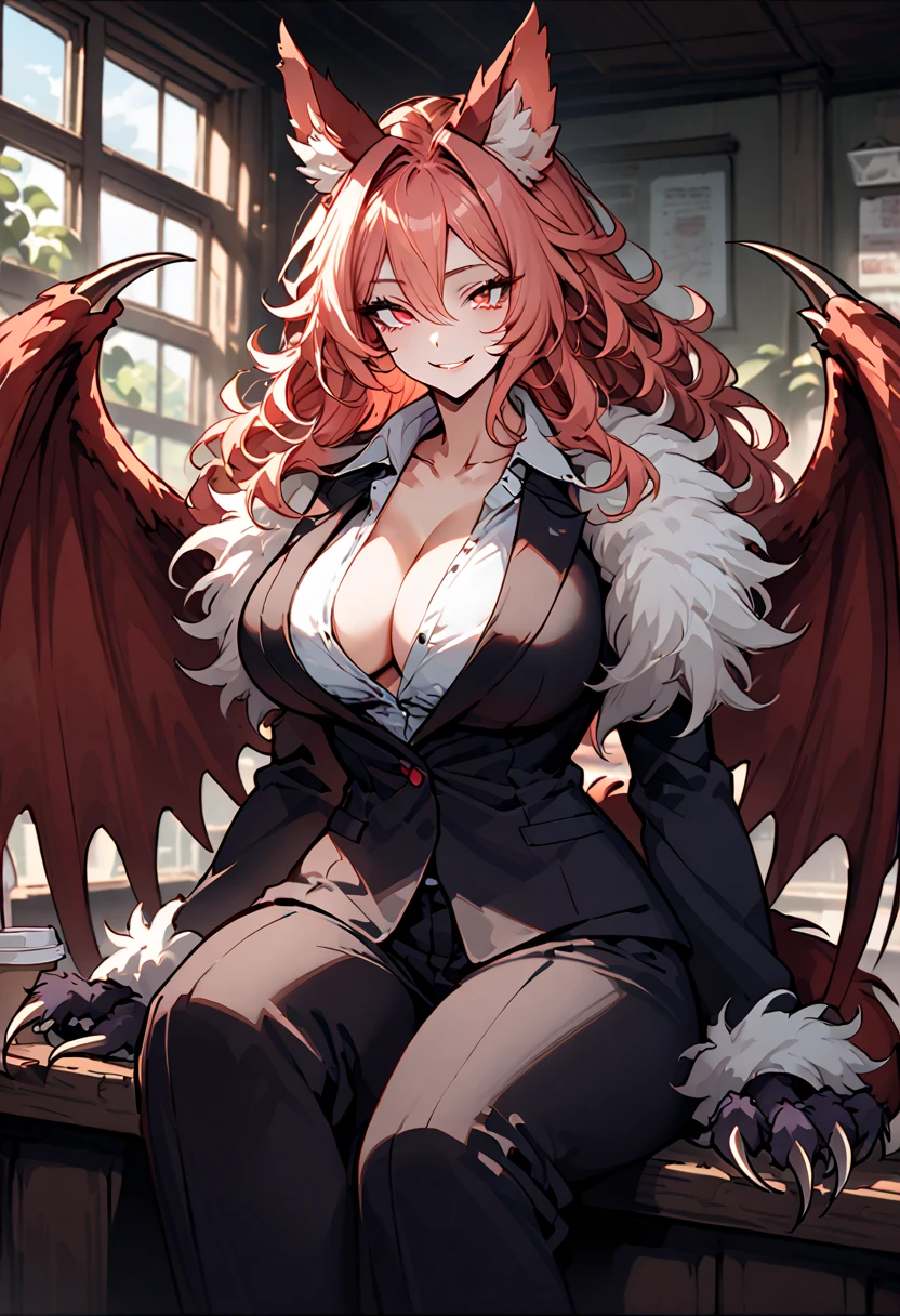 solo, female, huge female, 7 foot tall, wide smile, friendly, wide open eyes, red eyes, light red hair, long wavy hair, side-tail, neat hair, ManticoreMGE, monster girl, prehensile tail, animal ears, neat black suit, broad shoulders, muscular, slightly bulky body, open collar, cafe, sitting, fur, wings, claws, very large breasts, looking at viewer, close-up, upper body, sunny, indoors, white button shirt, extremely tall