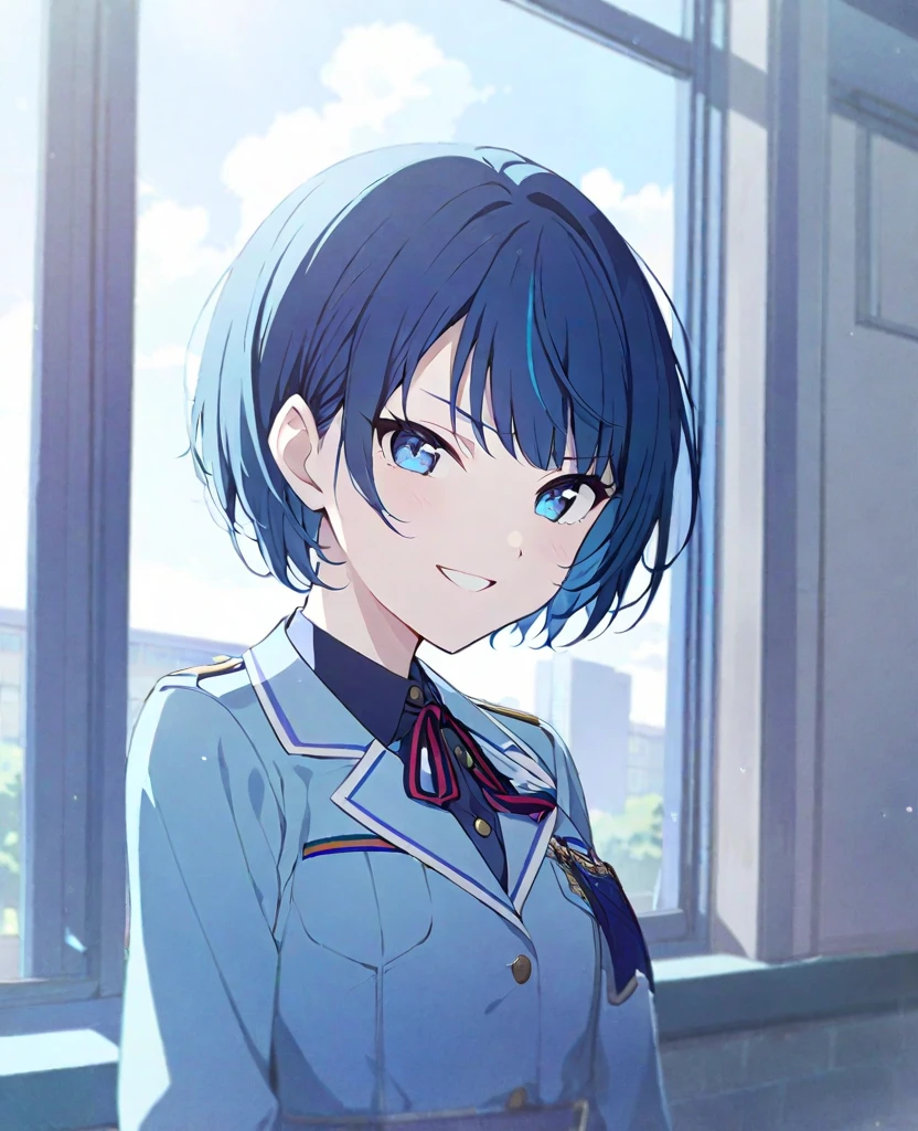 One Girl,Alone,Haruka Kiritani,Blue Hair,blue eyes,Project Sekai,Short Hair,cute,cute,smile,Uniform,School classroom,