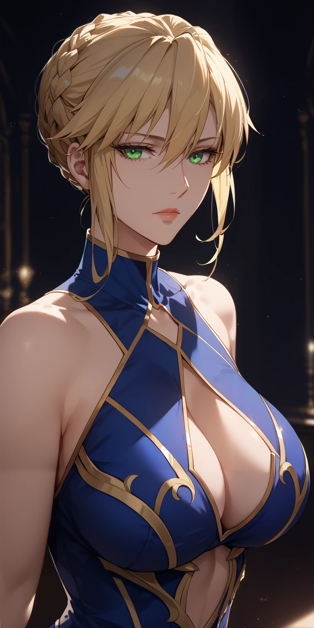 masterpiece, high quality, 1girl, elegant mature female, blonde hair, bun braid, green eyes, Artoria pendragon (lancer) (fate), expressionless, sleeveless blue leotard, cutout cleavage, big breast, curvaceous, upper body, cinematic lighting