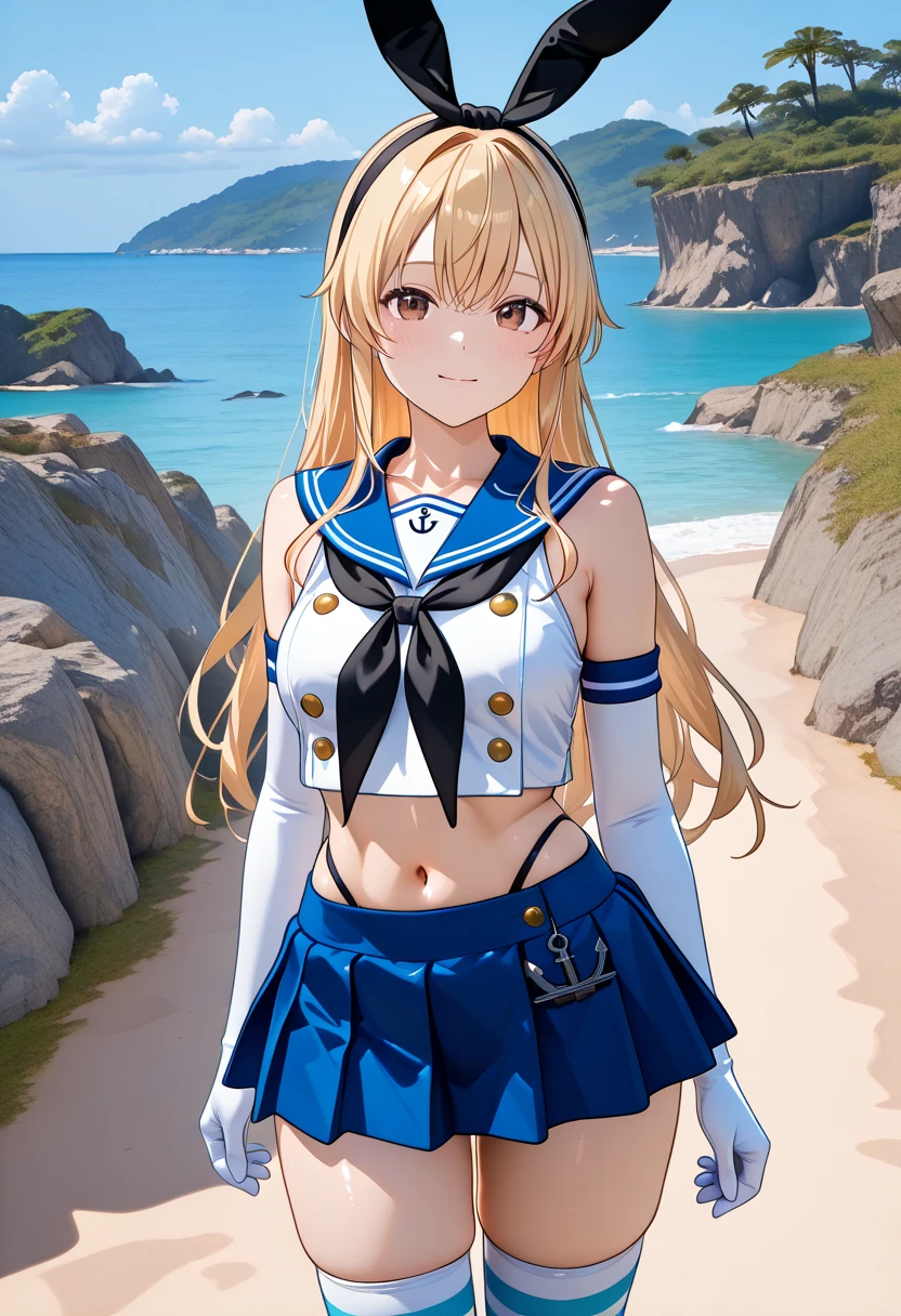  Super Realistic Pictures , RAW photos  , realism, 3d rendering ,Unity Engine),break 1girl, Alone, Island Breeze、 brown eyes、Blonde、 long hair、 headband、 black ribbon,  blue sailor suit、 sleeveless shirt that grabs a girl's waist、 crop top、 white gloves、 elbow gloves、 black neckerchief holding hands、 miniskirt、 high leg panties 、 striped knee socks、Grey shoes、anchor,((upper body))break (from front, look at viewer, face-focus)