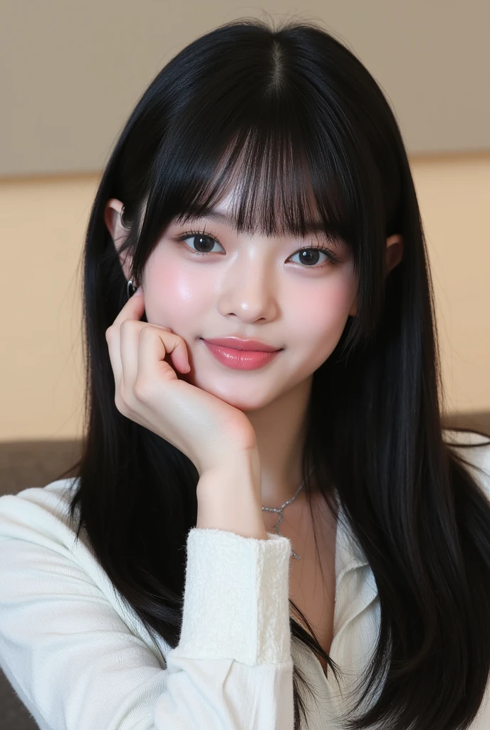 20-year-old kindly smiling female K-pop idol、Black hair straight with bangs、Tilt your body slightly and face this way、Resting one&#39;s chin on one&#39;s hand