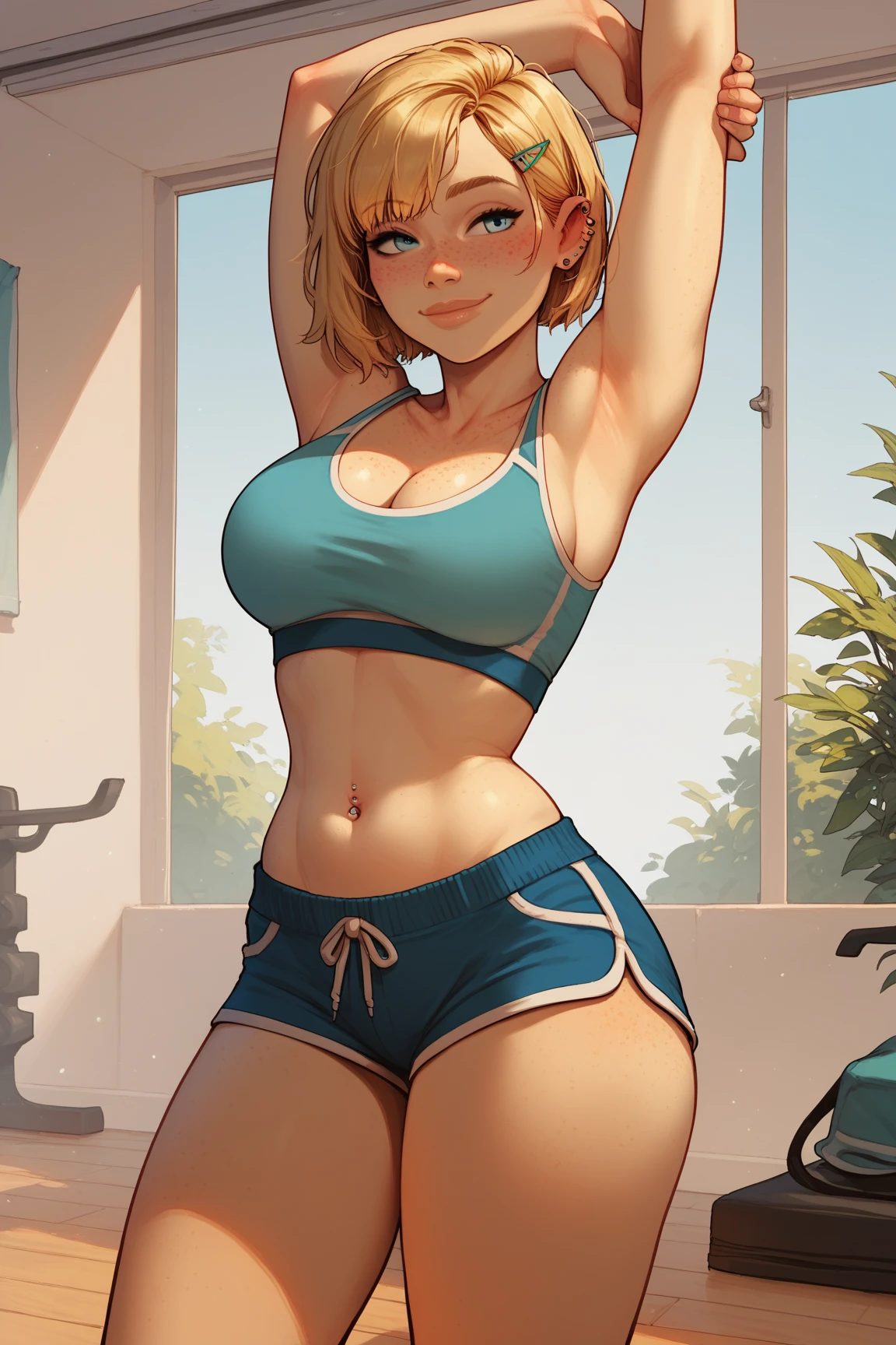 1girl, large_breasts, dolphin_shorts, navel, freckles, shorts, hair_ornament, hairclip, stretching, armpits, blue_eyes, blonde_hair, arms_up, short_hair, indoors, solo, smile, midriff, mole, large_breasts, earrings, short_shorts, blue_shorts, cleavage, jewelry, sports_bra, stud_earrings, cowboy_shot, thick_thighs, gym_shorts, ear_piercing, gym, closed_mouth, blush, piercing, lips, bangs, exercise, stomach