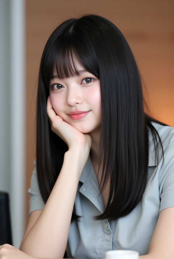 20-year-old kindly smiling female K-pop idol、Black hair straight with bangs、Tilt your body slightly and face this way、Resting one&#39;s chin on one&#39;s hand