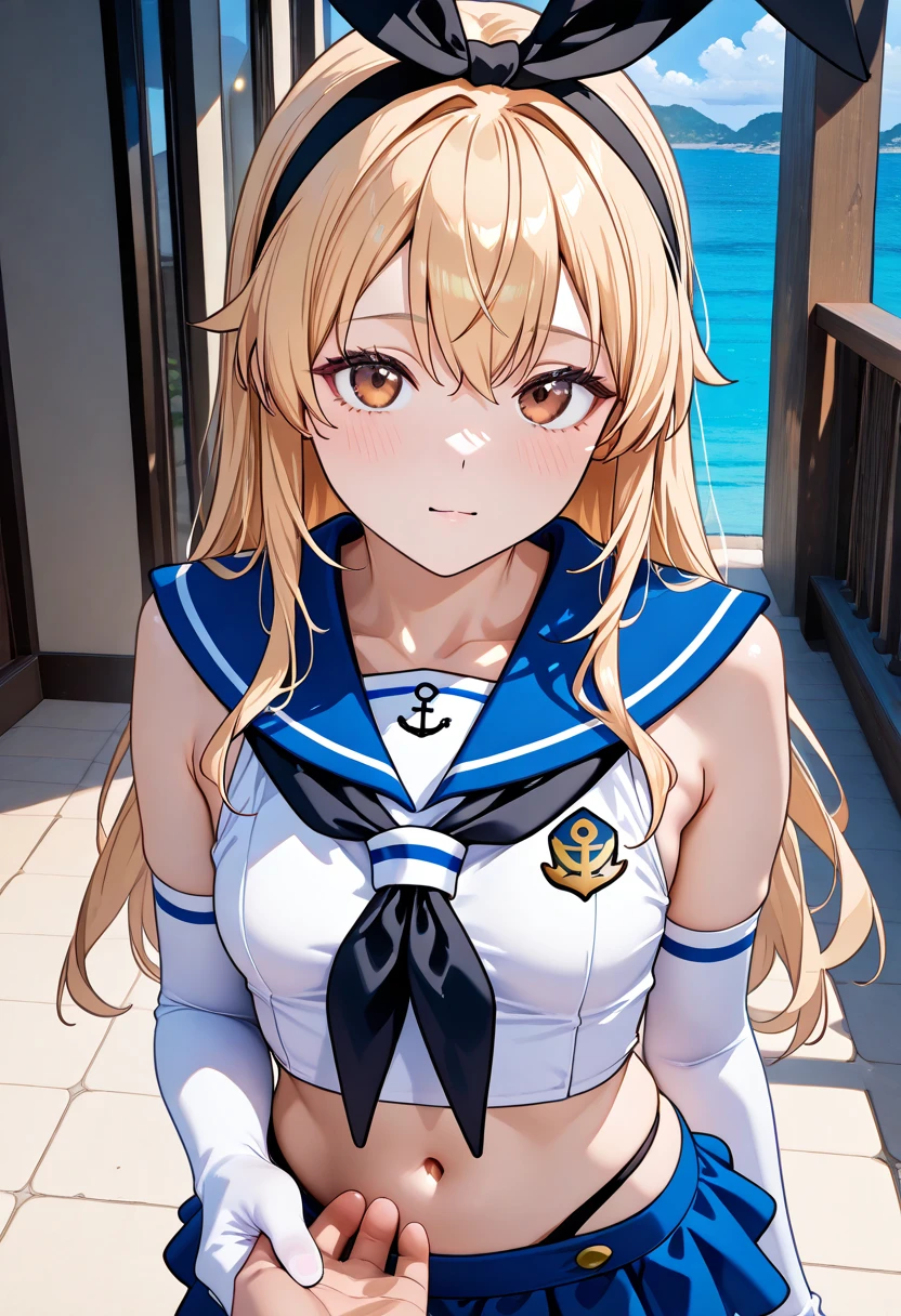  Super Realistic Pictures , RAW photos  , realism, 3d rendering ,Unity Engine),break 1girl, Alone, Island Breeze、 brown eyes、Blonde、 long hair、 headband、 black ribbon,  blue sailor suit、 sleeveless shirt that grabs a girl's waist、 crop top、 white gloves、 elbow gloves、 black neckerchief holding hands、 miniskirt、 high leg panties 、 striped knee socks、Grey shoes、anchor,(small breasts:1.2),((upper body))break (from front, look at viewer, face-focus)