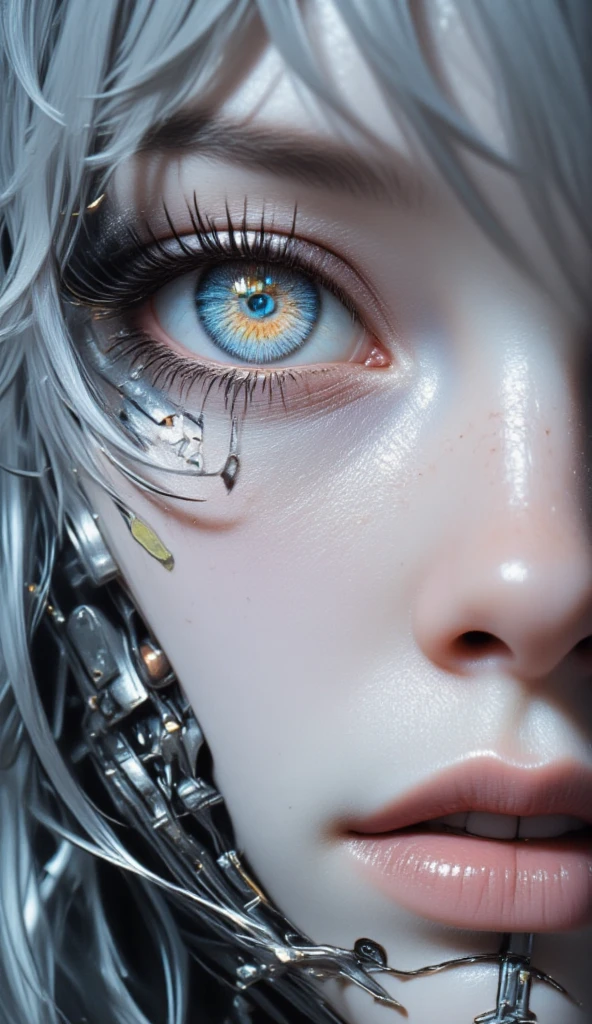  Close-up of a Korean woman's face .
 Crystal gray eyes , robotic lashes ,  exposed mechanical parts .
 Shimmering white skin . 
 Plump and voluminous silver-colored lips.
 Neon colored hair , obfuscating. 
 Sharp metallic teeth .
32K, HDR, UHD. 