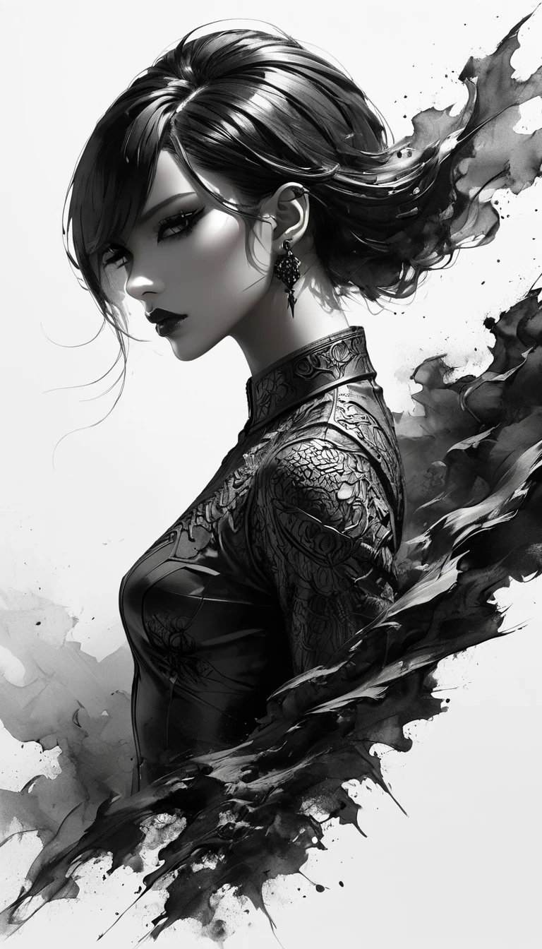 Neo-noir futuristic art style, A close-up view of a semi-realistic anime-style woman with short, sleek black hair styled in a sharp bob. The focus is on her intense gaze and sharp facial features, exuding confidence and superiority. She is wearing a luxurious black suit with intricate yellow accents. She has a ((black eyes)). The lighting is dramatic, emphasizing the contours of her face and creating a powerful contrast. The blurred background suggests a luxurious setting, subtly enhancing her dominant and rebellious aura. clean background. black white and blue, anime style, Javanese theme, hyperdetailed, ultra quality, 4k, intricate lighting, chiaroscuro, white background with one color ink spots, drawing stroke, perfect drawing lines.
