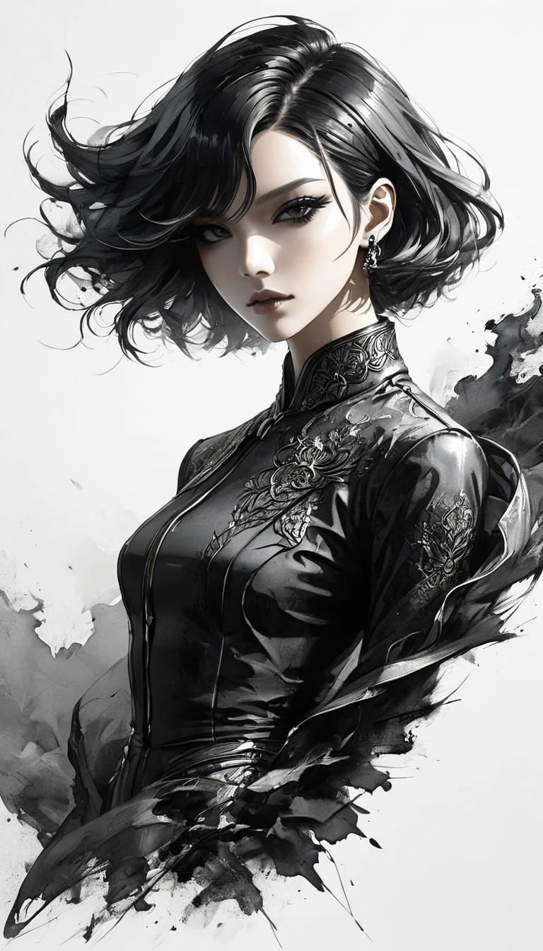 Neo-noir futuristic art style, A close-up view of a semi-realistic anime-style woman with short, sleek black hair styled in a sharp bob. The focus is on her intense gaze and sharp facial features, exuding confidence and superiority. She is wearing a luxurious black suit with intricate yellow accents. She has a ((black eyes)). Almond-shaped, upturned, intense, cunning, piercing gaze. Subtle smirk, slightly narrowed eyes, plotting, confident. Cool fair tone, bluish undertone. The lighting is dramatic, emphasizing the contours of her face and creating a powerful contrast. The blurred background suggests a luxurious setting, subtly enhancing her dominant and rebellious aura. clean background. black white and blue, anime style, Javanese theme, hyperdetailed, ultra quality, 4k, intricate lighting, chiaroscuro, white background with one color ink spots, drawing stroke, perfect drawing lines.