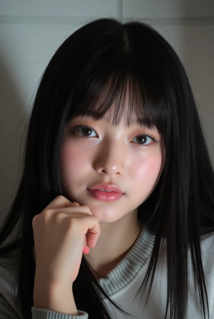 20-year-old kindly smiling female K-pop idol、Black hair straight with bangs、Tilt your body slightly and face this way、Resting one&#39;s chin on one&#39;s hand、Slightly dark room 、 slightly blush