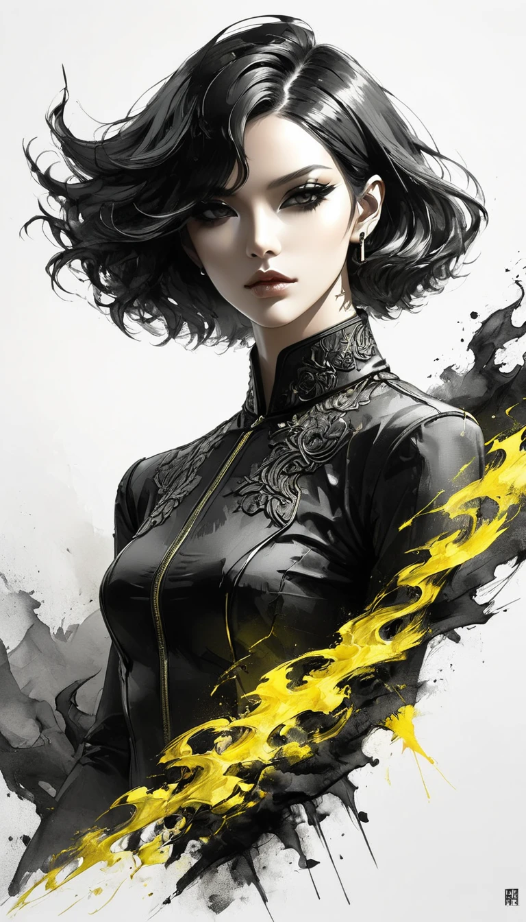 Neo-noir futuristic art style, A close-up view of a semi-realistic anime-style woman with short, sleek black hair styled in a sharp bob. The focus is on her intense gaze and sharp facial features, exuding confidence and superiority. She is wearing a luxurious black suit with intricate ((yellow)) accents. She has a ((black eyes)). Almond-shaped, upturned, intense, cunning, piercing gaze. Subtle smirk, slightly narrowed eyes, plotting, confident. Cool fair tone, bluish undertone. The lighting is dramatic, emphasizing the contours of her face and creating a powerful contrast. The blurred background suggests a luxurious setting, subtly enhancing her dominant and rebellious aura. clean background. black white and ((yellow)), anime style, Javanese theme, hyperdetailed, ultra quality, 4k, intricate lighting, chiaroscuro, white background with one color ink spots, drawing stroke, perfect drawing lines.