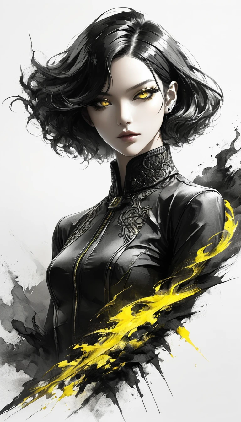 Neo-noir futuristic art style, A close-up view of a semi-realistic anime-style woman with short, sleek black hair styled in a sharp bob. The focus is on her intense gaze and sharp facial features, exuding confidence and superiority. She is wearing a luxurious black suit with intricate ((yellow)) accents. She has a ((yelloweyes)). Almond-shaped, upturned, intense, cunning, piercing gaze. Subtle smirk, slightly narrowed eyes, plotting, confident. Cool fair tone, bluish undertone. The lighting is dramatic, emphasizing the contours of her face and creating a powerful contrast. The blurred background suggests a luxurious setting, subtly enhancing her dominant and rebellious aura. clean background. black white and ((yellow)), anime style, Javanese theme, hyperdetailed, ultra quality, 4k, intricate lighting, chiaroscuro, white background with one color ink spots, drawing stroke, perfect drawing lines.