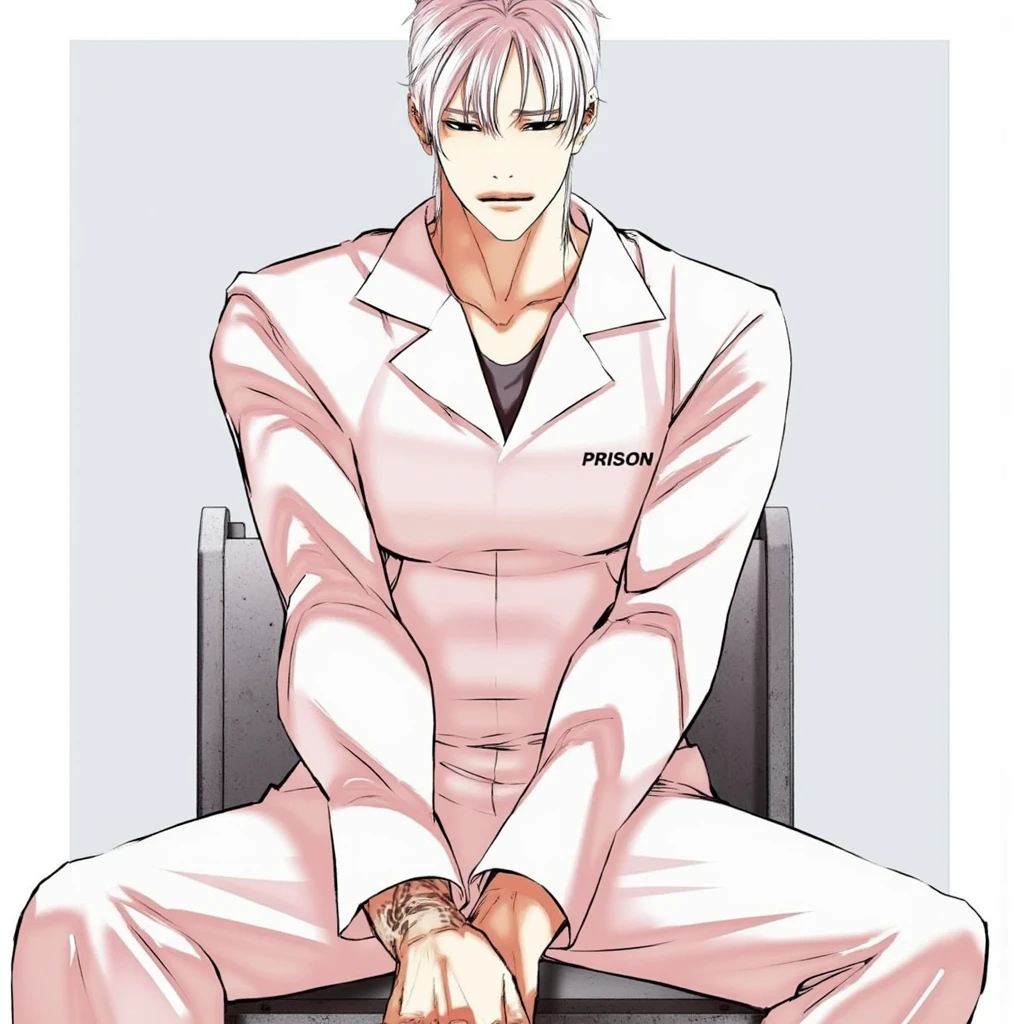 A character from the "Lookism Manhwa" a muscular man with short, spiky white hair and a stern expression, wearing a white jumpsuit with "Prison" written on the chest. He is sitting on a metal chair with his legs crossed, one hand resting on his knee, and the other holding a cigarette. He has a tattoo on his left arm and a serious, intense gaze.