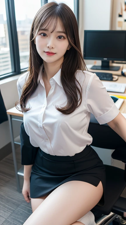 (1womanl), Beautiful, (Best Quality:1.4), (Ultra-detailed), (extremely detailed CG unified 8k wallpaper), Highly detailed, High-definition raw color photos, Professional Photography, Amazing face and eyes, makeup, (amazingly beautiful girl), (Business Suit, Business Mini Skirt:1.5), (Business shirt with wide open chest:1.3), (Light panties:1.2), (Sales Office:1.3), Sitting, (spread your legs wide), (:1.5), Business Desk, Chair, windows, computers,