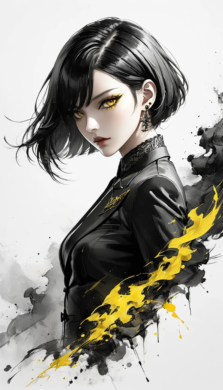 Neo-noir futuristic art style, A close-up view of a semi-realistic anime-style woman with short, sleek black hair styled in a sharp bob. The focus is on her intense gaze and sharp facial features, exuding confidence and superiority. She is wearing a luxurious black suit with intricate ((yellow)) accents. She has a ((yellow eyes)). Almond-shaped, upturned, intense, cunning, piercing gaze. Subtle smirk, slightly narrowed eyes, plotting, confident. Cool fair tone, bluish undertone. The lighting is dramatic, emphasizing the contours of her face and creating a powerful contrast. The blurred background suggests a luxurious setting, subtly enhancing her dominant and rebellious aura. clean background. black white and ((yellow)), anime style, Javanese theme, hyperdetailed, ultra quality, 4k, intricate lighting, chiaroscuro, white background with one color ink spots, drawing stroke, perfect drawing lines.