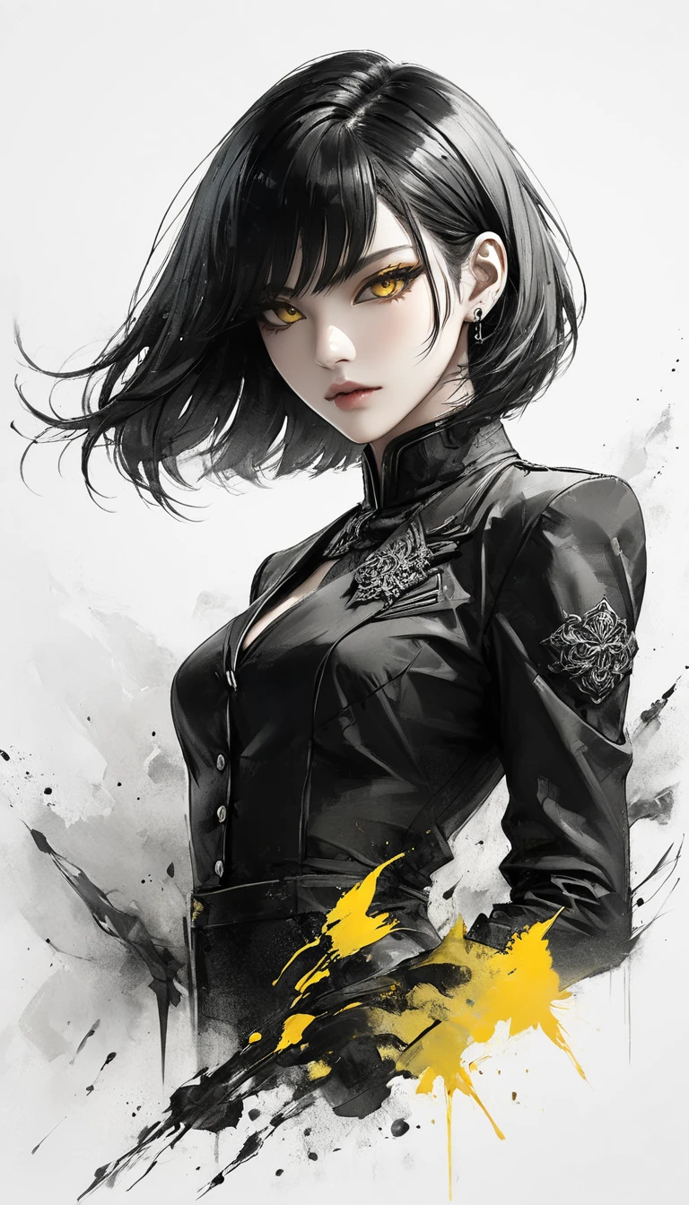 Neo-noir futuristic art style, A close-up view of a semi-realistic anime-style woman with short, sleek black hair styled in a sharp bob. The focus is on her intense gaze and sharp facial features, exuding confidence and superiority. She is wearing a luxurious black suit with intricate ((yellow)) accents. She has a ((yellow eyes)). Almond-shaped, upturned, intense, cunning, piercing gaze. Subtle smirk, slightly narrowed eyes, plotting, confident. Cool fair tone, bluish undertone. The lighting is dramatic, emphasizing the contours of her face and creating a powerful contrast. The blurred background suggests a luxurious setting, subtly enhancing her dominant and rebellious aura. clean background. black white and ((yellow)), anime style, Javanese theme, hyperdetailed, ultra quality, 4k, intricate lighting, chiaroscuro, white background with one color ink spots, drawing stroke, perfect drawing lines.