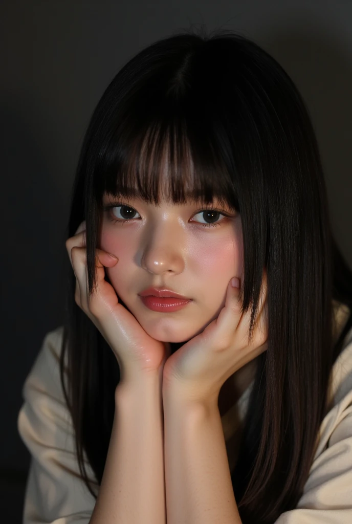 20-year-old kindly smiling female K-pop idol、Black hair straight with bangs、Tilt your body slightly and face this way、Resting one&#39;s chin on one&#39;s hand、Matte light in a slightly dark room、 slightly blush