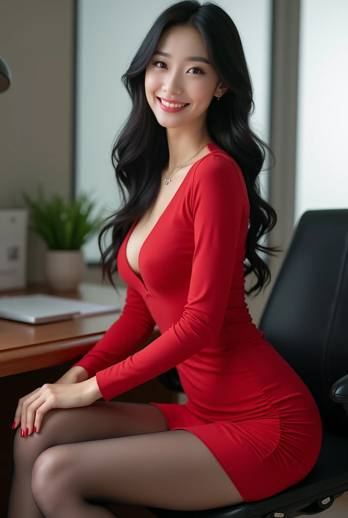 ((masterpiece、highest quality))、detailed face、sexy 18 year old model、wearing a chinese dress、big breasts、cleavage、sexy miniskirt cheongsam、depth、1 girl、Symmatic lighting、red high heels、sexy woman、Sexy beautiful legs、Beautiful legs focus、Attractive beautiful legs、Sexy High Heels、ルブタンのSexy High Heels、smile、Sitting on a chair with her legs crossed in a sexy way、Naughty legs