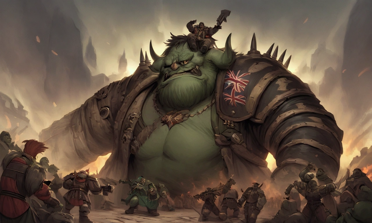 (British Punk, jubilant rage, energetic) Warhammer 40k, an Ork Shaman brings word from Mork or Gork, aliens come to invade. Da Boss is happy. Hopefully his bored boys can get stuck in good. game terms