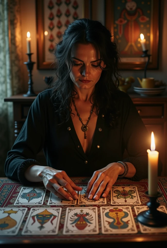 A photorealistic image of a woman 40 years old, tarot reader, sitted on a table with tarot cards and candles. Shot from a close-up angle to capture the sense of texture and vibrancy.