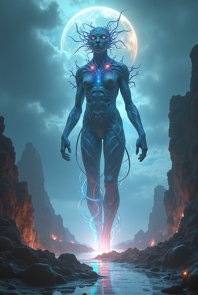 Giant monster looking down in an otherworldly landscape,Giant made of fractals, infinite fractal,Mandelbrot fractal, divine, Imposing humanoid figure, Massive,masiba scale, Looking down, standing, immense, apocalyptic, colorful, iridescent, masterpiece, 4k-resolution, intricate details, God,divine,superior entities made of fractals,impossible figure,unique geometry,