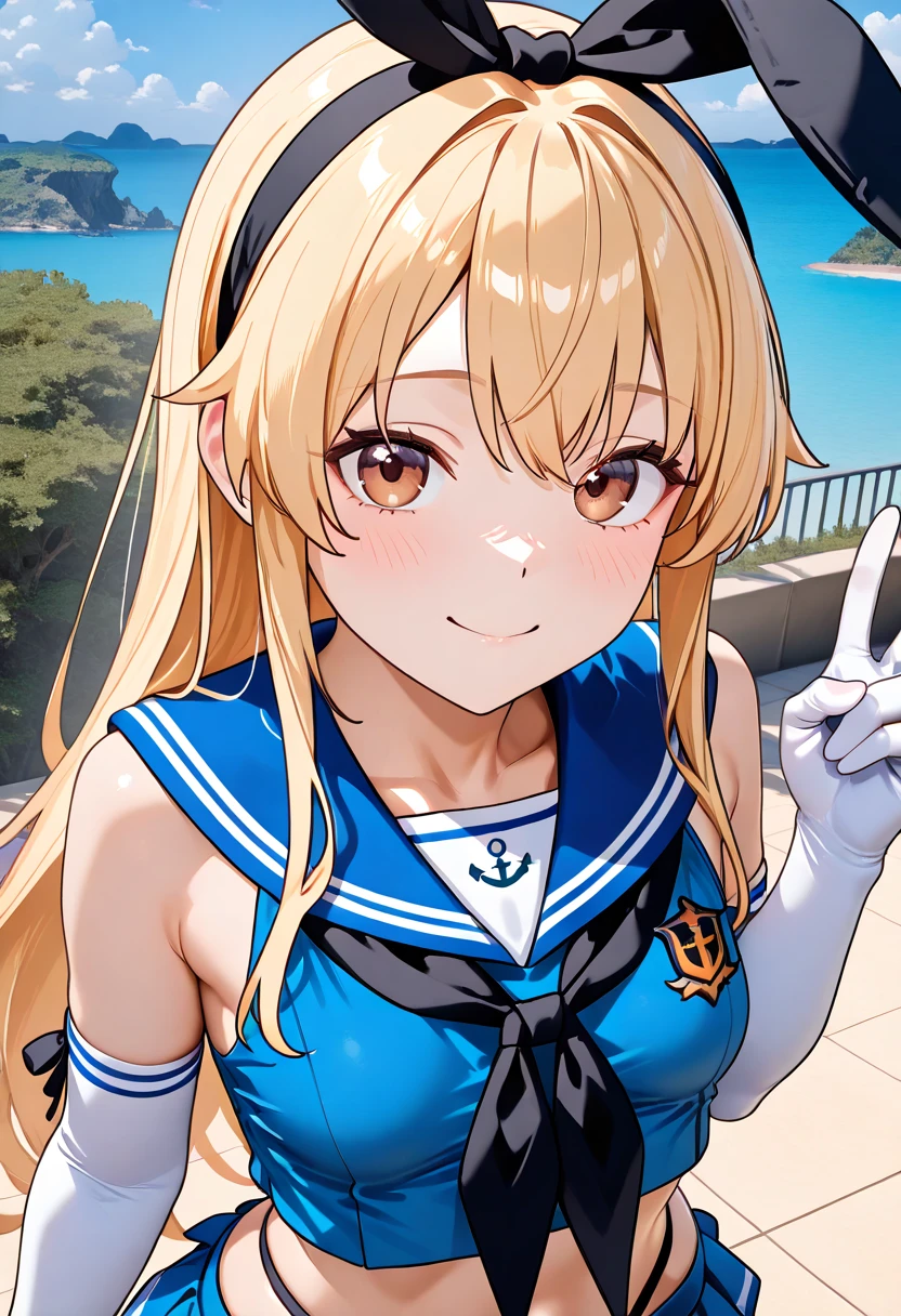  Super Realistic Pictures , RAW photos  , realism, 3d rendering ,Unity Engine),break 1girl, Alone, Island Breeze、 brown eyes、Blonde、 long hair、 headband、 black ribbon,  blue sailor suit、 sleeveless shirt that grabs a girl's waist、 crop top、 white gloves、 elbow gloves、 black neckerchief holding hands、 miniskirt、 high leg panties 、 striped knee socks、Grey shoes、anchor,(small breasts:1.2),((upper body))break (from front, look at viewer, face-focus),break (smile,  model pose, v)