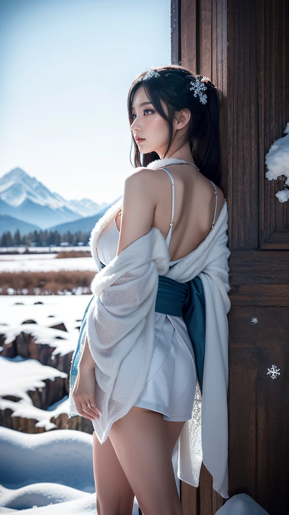 "A beautiful and seductive Japanese woman in her twenties、Standing in a snowy mountain landscape。Her face has narrow eyes and a dark expression.。Her face looks a little young。Wearing traditional Japan kimono、The neckline is open like a dress with emphasis on the chest.。No underwear is worn under the kimono。The lower half of the kimono has a slit、Her long legs are exposed from her thighs onwards.。Snow is falling quietly all around。The scene is quiet and mysterious。"