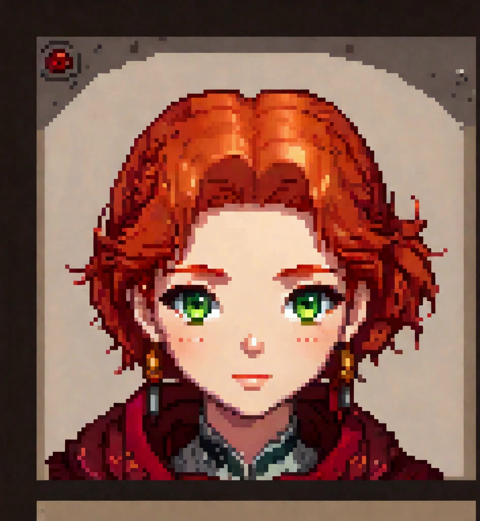 a close up of a pixel art of a woman with a red hair, symmetrical portrait rpg avatar, portrait of a small character, portrait pixel art drawing, detailed pixel artwork, xqc, closeup character portrait, crisp clear rpg portrait, pixelated art, pixel artwork, character portrait closeup, epic rpg portrait, pixel art sprite, a character portrait, detailed unblurred face