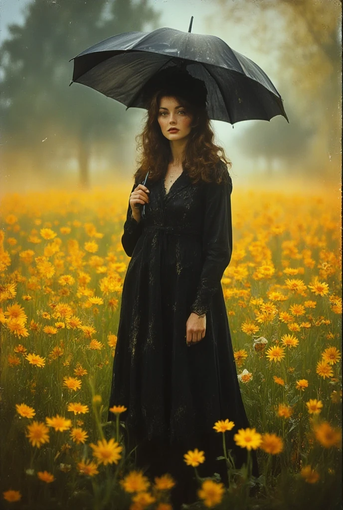 A mesmerizing dark fantasy illustration of a mysterious figure standing amidst a dreamy field of yellow flowers. The figure, with large, intense yellow eyes, wears a tattered black dress and holds an open, black tattered umbrella. The messy, disheveled hair adds to the enigmatic aura. The background, filled with white sunlit flowers, creates a surreal atmosphere. The blurred, vibrant colors and the ethereal presence of the figure evoke a sense of wonder and intrigue., illustration, painting, dark fantasy, vibrant