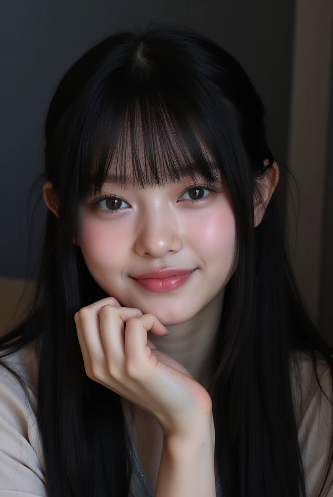 20-year-old smiling female K-pop idol 、Black hair straight with bangs、 tilt your body slightly and face this way、Resting one&#39;s chin on one&#39;s hand、 matte light in a slightly dark room、 slightly blush