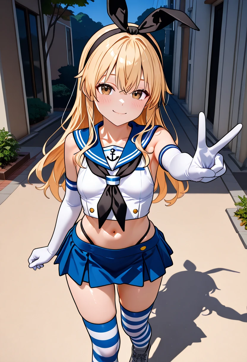  Super Realistic Pictures , RAW photos  , realism, 3d rendering ,Unity Engine),break 1girl, Alone, Island Breeze、 brown eyes、Blonde、 long hair、 headband、 black ribbon,  blue sailor suit、 sleeveless shirt that grabs a girl's waist、 crop top、 white gloves、 elbow gloves、 black neckerchief holding hands、 miniskirt、 high leg panties 、 striped knee socks、Grey shoes、anchor,(small breasts:1.2),((upper body))break (from front, look at viewer, face-focus),break (smile,  model pose, v)