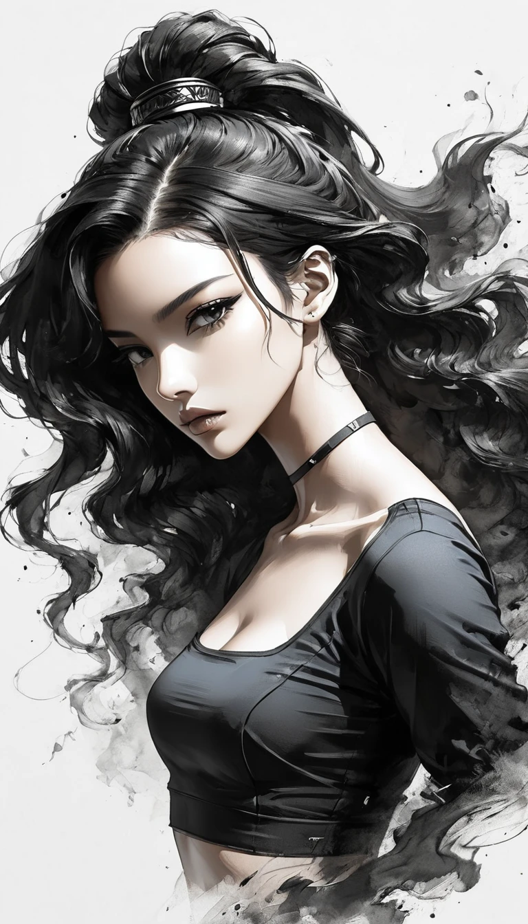 Neo-noir futuristic art style, A close-up view of a semi-realistic anime-style woman, aged 21, with long, sleek black hair styled in a high ponytail. She has warm tan skin with a slight golden undertone, and a sharp, symmetrical face. Her jawline is slightly softer yet still well-defined, giving her a strong but approachable look. Her eyes are large, upturned, and almond-shaped with a deep, blue color, giving her an intense and focused expression. Her eyebrows are thick and naturally arched, complementing her long, dark eyelashes. She has a small, slightly upturned nose and full lips, set in a neutral expression that adds to her determined yet calm demeanor. Loose strands of her black hair frame her face without softening her strong appearance. She is wearing a ((blue)) bomber jacket over a fitted black crop top, giving her a modern and self-reliant vibe. The soft lighting enhances the contours of her face and highlights her warm skin tone, while the blurred urban background subtly emphasizes her independent and confident aura. clean background. black white and ((blue)), anime style, Javanese theme, hyperdetailed, ultra quality, 4k, intricate lighting, chiaroscuro, white background with one color ink spots, drawing stroke, perfect drawing lines.