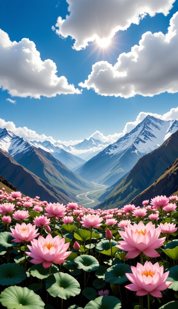 The majestic Tianshan Mountain , snow lotuses bloom like a wonderland , golden phoenix wants to fly , against the backdrop of snowy mountains, making it even more sacred, blue sky and white clouds intertwine , reveals fantasy in serenity , oil painting style ,Genres , long-range perspective , top light irradiates , interlaced light and shadow ,Ultimate image quality, with 8K resolution 。