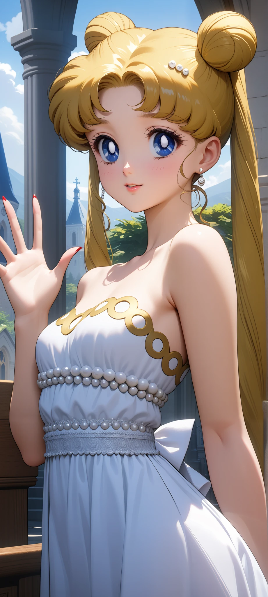 ((Upper body center)) (masterpiece, best quality, very aesthetic , ultra detailed), intriguing details , 4K, blonde hair, double bun, twintails, small breasts, blue eyes, 1girl, red nails, solo, Best quality, masterpiece, High Definition, church, detailed background, intricate details, day, white dress, lush shoulders, waving, Высокое разрешение