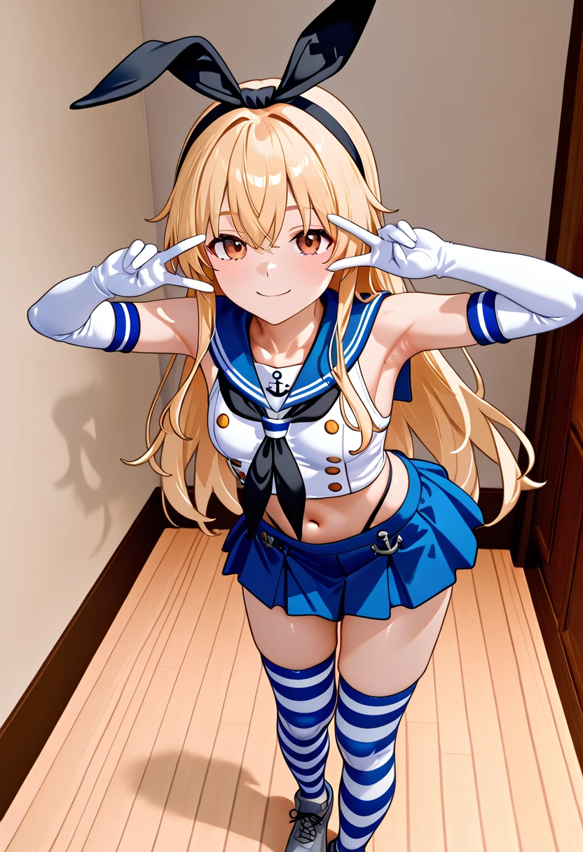  Super Realistic Pictures , RAW photos  , realism, 3d rendering ,Unity Engine),break 1girl, Alone, Island Breeze、 brown eyes、Blonde、 long hair、 headband、 black ribbon,  blue sailor suit、 sleeveless shirt that grabs a girl's waist、 crop top、 white gloves、 elbow gloves、 black neckerchief holding hands、 miniskirt、 high leg panties 、 striped knee socks、Grey shoes、anchor,(small breasts:1.2),((upper body))break (from front, look at viewer, face-focus),break (smile,  model pose, v over eye)