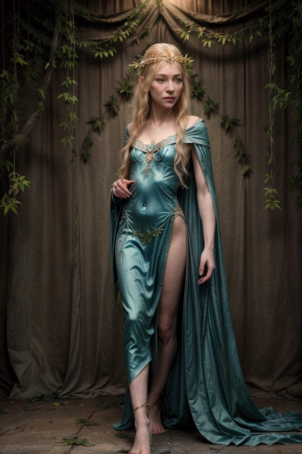 (photorealistic:1.2) Very  very young Cate Blanchett and nude halk, she in the night,she's looking at viewer,elegant fantasy elf princess, flowing blonde hair, piercing blue eyes, delicate facial features, ornate elven headdress and jewelry, graceful pose,full body slim, vine and leaf dress,living ents forest background with many ents lotr, magical atmosphere, night, muted color palette, cinematic, detailed, highly realistic, 8k, photorealistic,the hulk is holding her from behind romanticism,flat chest,open chest.