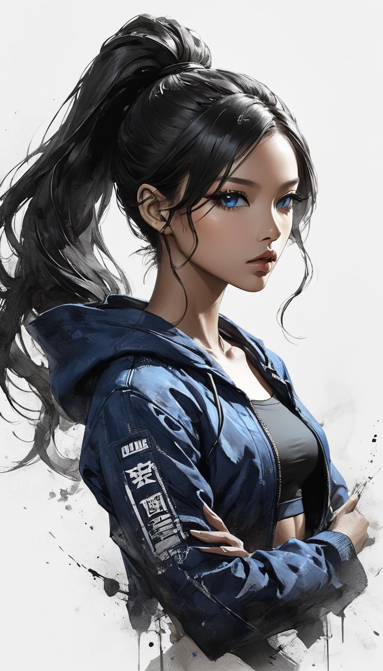 Neo-noir futuristic art style, A close-up view of a semi-realistic anime-style woman, aged 21, with long, sleek black hair styled in a high ponytail. She has ((warm tan)) skin with a slight golden undertone, and a sharp, symmetrical face. Her jawline is slightly softer yet still well-defined, giving her a strong but approachable look. Her eyes are large, upturned, and almond-shaped with a deep, ((blue)) eyes, giving her an intense and focused expression. Her eyebrows are thick and naturally arched, complementing her long, dark eyelashes. She has a small, slightly upturned nose and full lips, set in a neutral expression that adds to her determined yet calm demeanor. Loose strands of her black hair frame her face without softening her strong appearance. She is wearing a ((blue)) bomber ((jacket)) with hoodie over a fitted black crop top, giving her a modern and self-reliant vibe. The soft lighting enhances the contours of her face and highlights her warm skin tone, while the blurred urban background subtly emphasizes her independent and confident aura. clean background. black white and ((blue)), anime style, Javanese theme, hyperdetailed, ultra quality, 4k, intricate lighting, chiaroscuro, white background with one color ink spots, drawing stroke, perfect drawing lines.