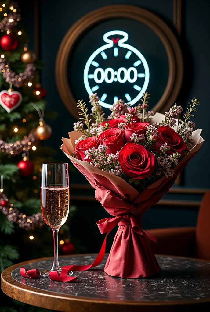  A beautiful bouquet of unusual exotic flowers ,  Beautifully folded and tied with a ribbon and a bow ,  Mysterious atmosphere ,  a glass of champagne with a bottle next to the bouquet ,  A Christmas tree with Garlands on which a Christmas toy in the shape of a beautiful heart of beautiful shape and color hangs,  You can see a digital neon watch on the dial that shows 00 :00 You can clearly see , darling,  masterpiece fails,  complicated details,  better quality ,  Maximum quality , 8 k, beautiful, 